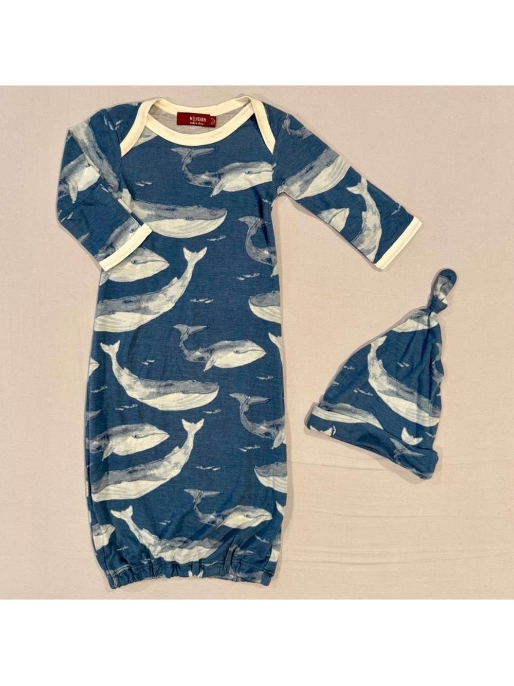 New Milkbarn Blue Whale Newborn Boys 0-3M Girls Gown & Hat Set Bamboo Layette